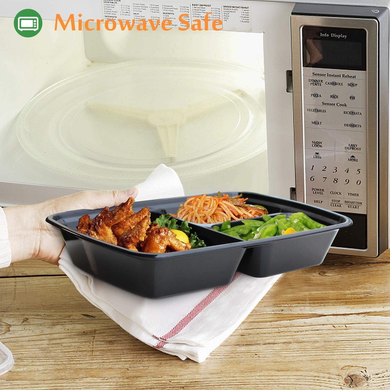 Enther Meal Prep Containers with Lids 20 Pack 3 Compartment Food Storage Bento Lunch Box BPA Free, Reusable, Microwave/Dishwasher/Freezer Safe, 24oz Black Small - Image 4